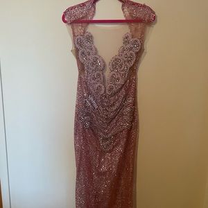 Sheer studded open back,  pink and gold dress